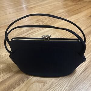 Vintage Navy Blue Twill Kisslock Purse Handbag Gold Hardware Interior Zip